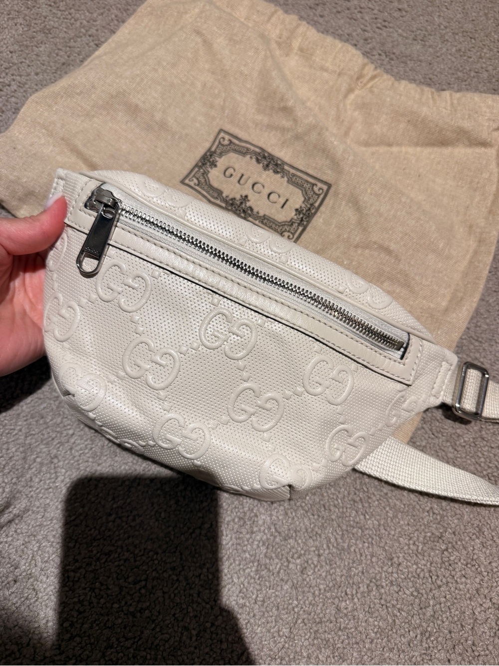 Gucci White GG Embossed Leather Belt Bag authentic